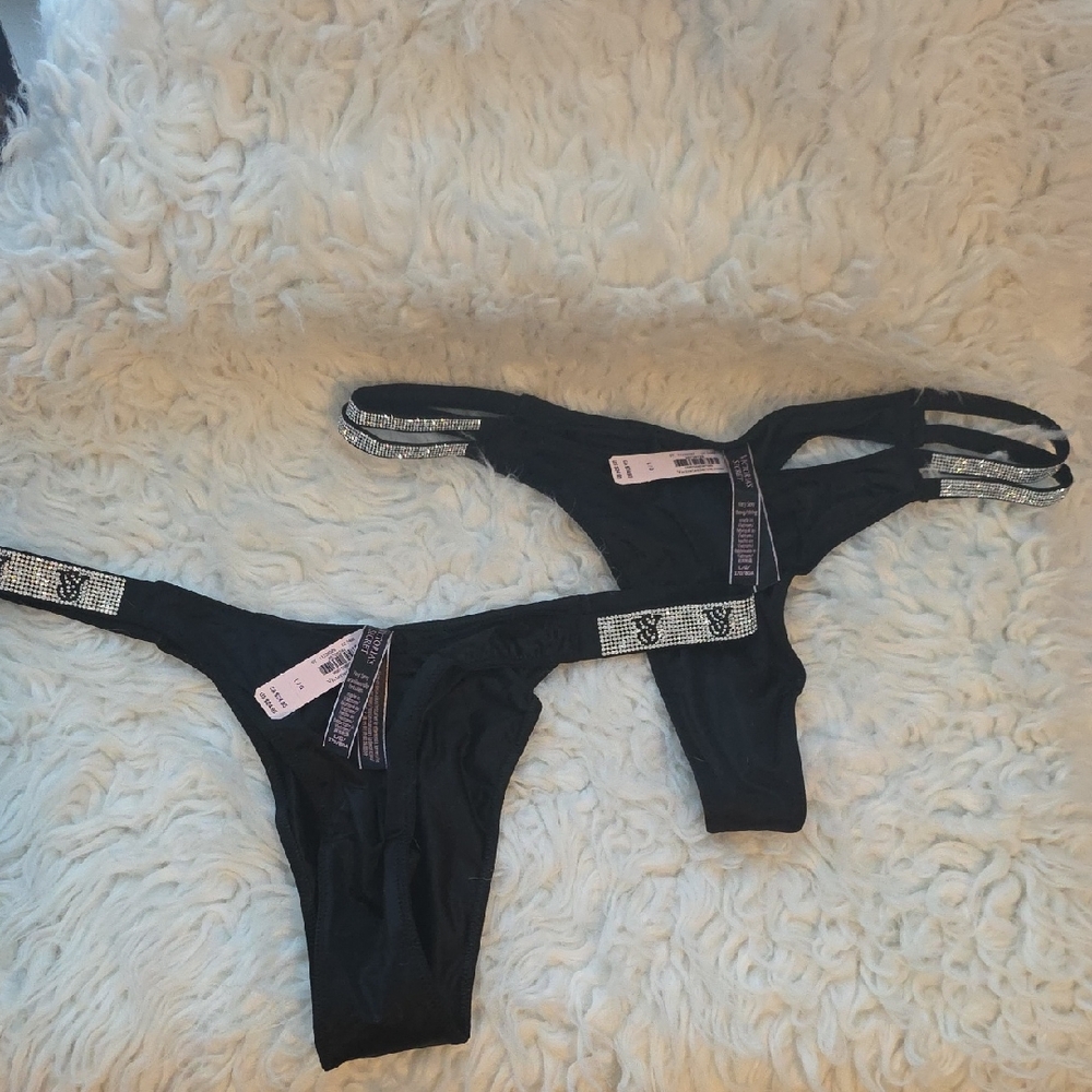 nwt victoria's Secret Black Thong And Brazilian Panty. Size Lg.  2 Pair